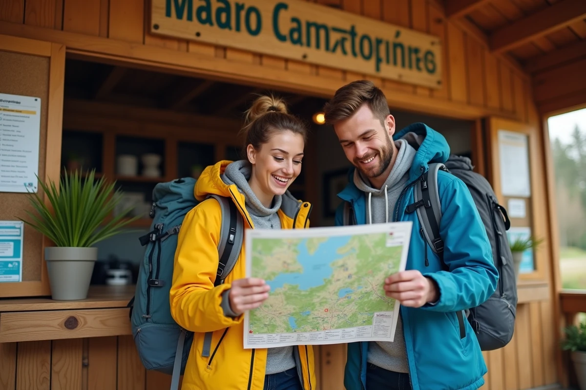 Couple consultant le plan d'un grand camping européen à l'accueil avec panneaux multilingues