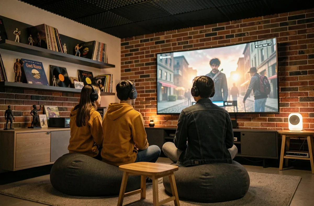 Deux amis regardant une série TV synchronisée avec casques audio sans fil dans une salle multimédia moderne