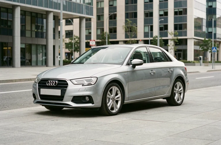 Audi A3 berline vue de trois quarts avant en milieu urbain montrant ses dimensions extérieures compactes