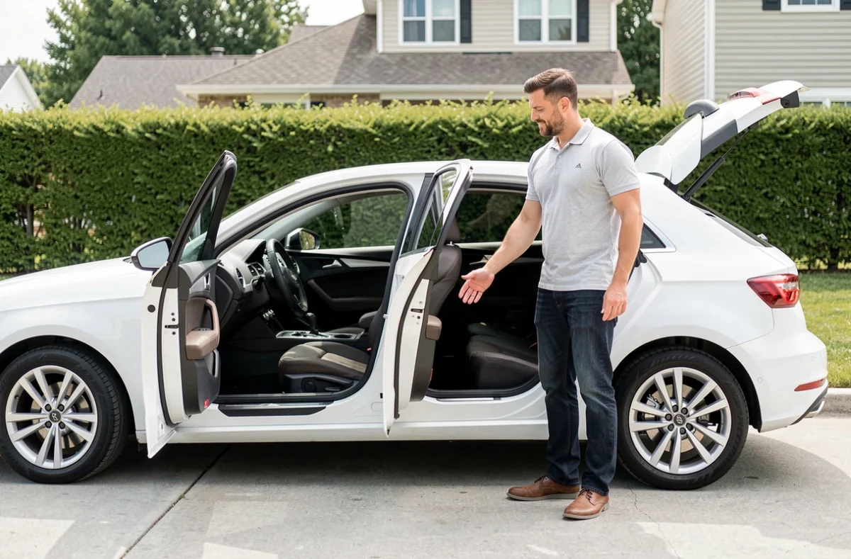 Homme évaluant l'espace intérieur d'une Audi A3 blanche portes ouvertes pour illustrer les dimensions habitacle