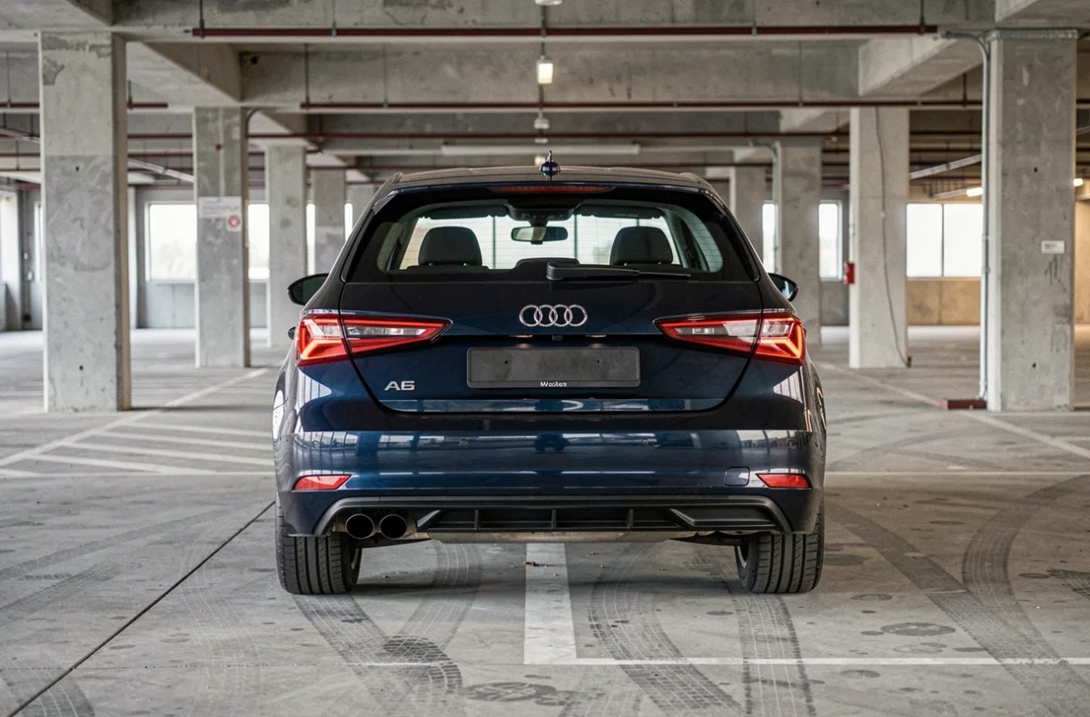 Audi A3 Sportback bleu nuit photographiée de l'arrière dans un parking pour illustrer sa largeur et sa hauteur