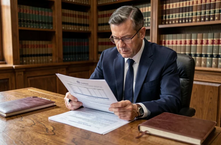 Avocat spécialisé en baux commerciaux examinant un contrat de location dans son bureau juridique