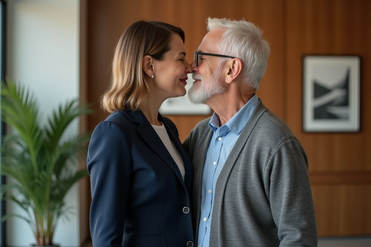 Deux collègues échangent une bise dans un hall d office chaleureux