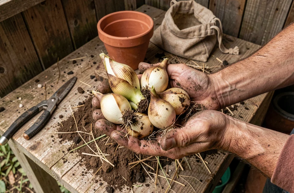 Gros plan sur des bulbes de lys fraîchement déterrés tenus à la main au-dessus d'un établi de jardinage en bois rustique