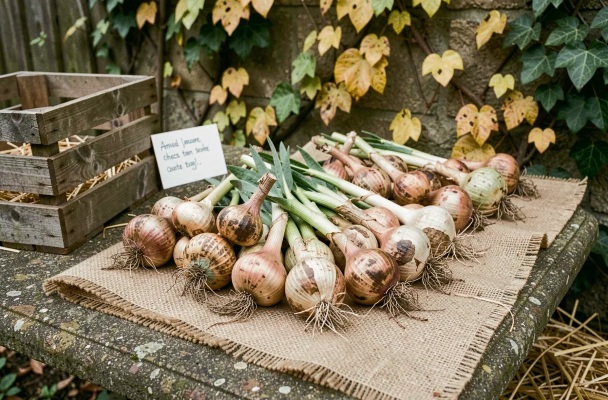 Bulbes de lys disposés sur de la toile de jute sur une table en pierre au jardin avant stockage hivernal