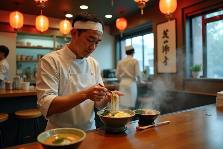 Chef japonais préparant un bol de ramen tonkotsu dans un restaurant traditionnel de Tokyo, gros plan sur le plat avec vapeur et garnitures fraîches