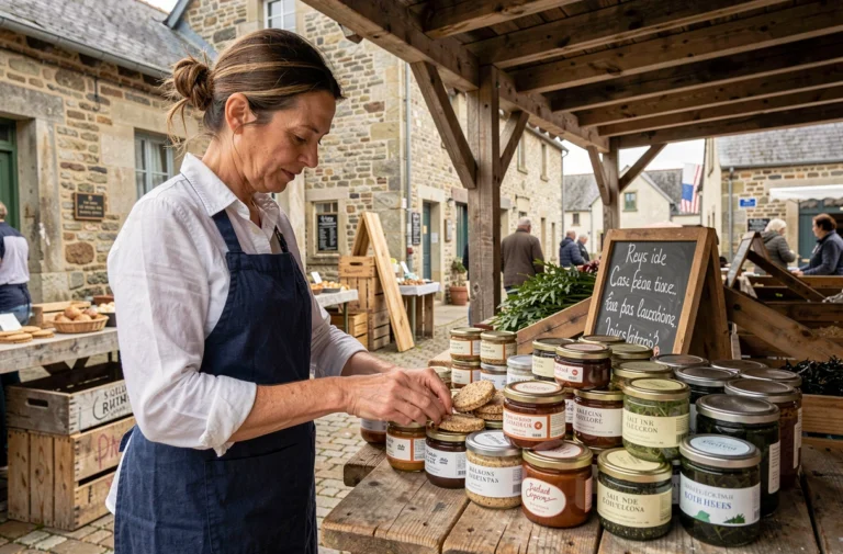 Commerçante bretonne présentant des produits locaux artisanaux sur un étal de marché en plein air