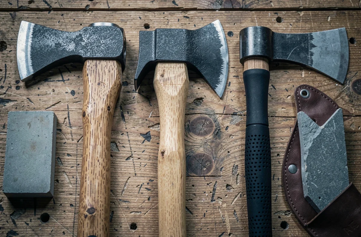 Comparaison de plusieurs haches et hachettes disposées sur un établi en bois avec pierre à aiguiser