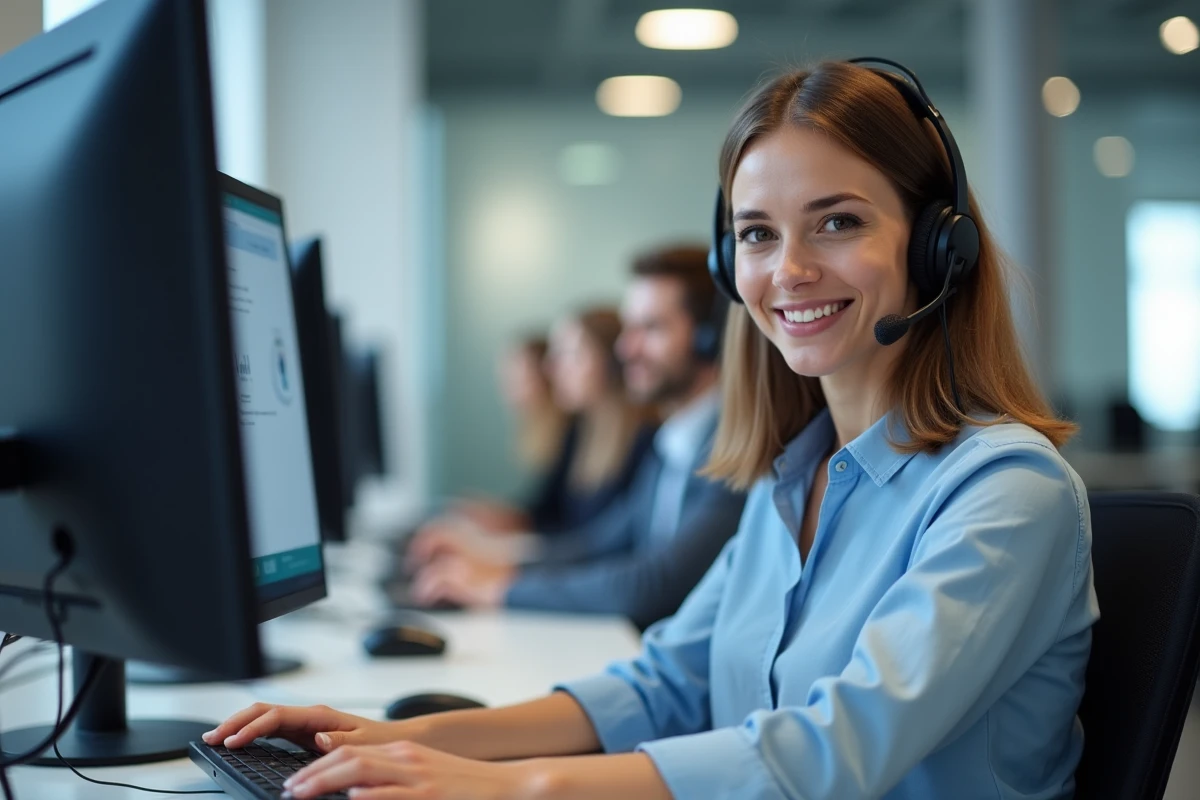 Conseillère Bouygues Telecom en centre d'appel répondant aux demandes clients au 1064