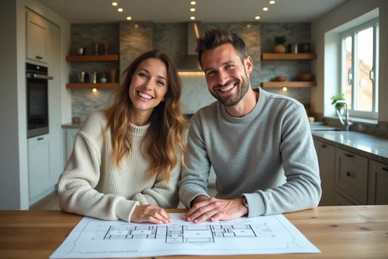 Couple souriant examinant des plans dans une cuisine moderne