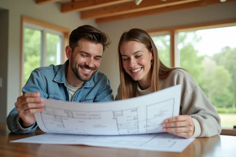 Couple souriant examinant des plans architecturaux à l'intérieur