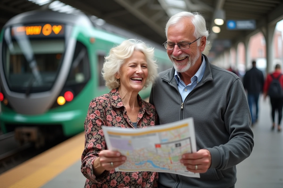 Couple de seniors heureux utilisant leur carte senior gratuite sur un quai de gare régionale en France