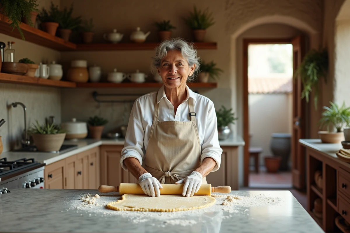 Femme italienne âgée préparant des pâtes fraîches maison dans une cuisine rustique toscane, mains farinées sur un plan de travail en marbre