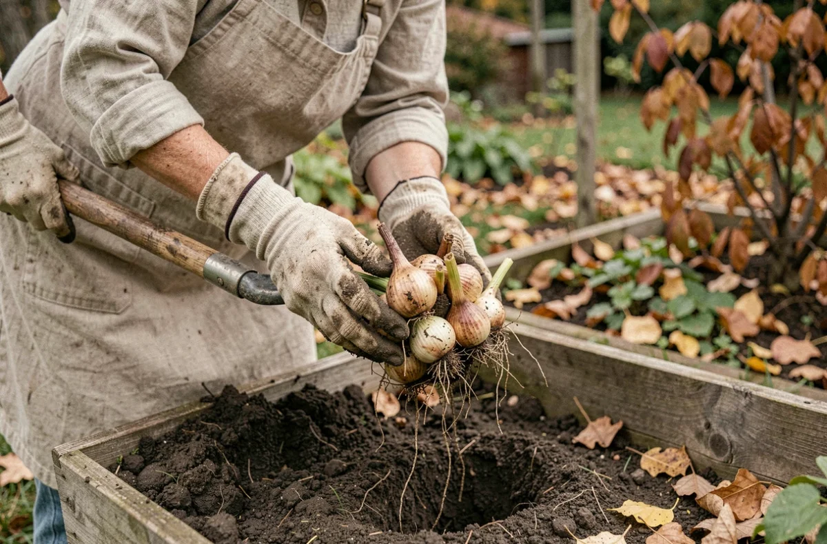 Femme de jardin déterrant des bulbes de lys à l'automne avec une fourche à main dans un parterre de terre meuble