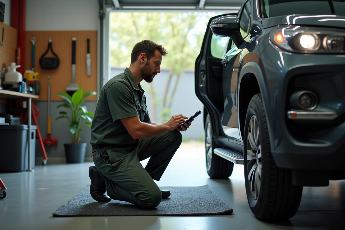 Mécanicien utilisant une tablette de diagnostic automobile dans un garage résidentiel à domicile