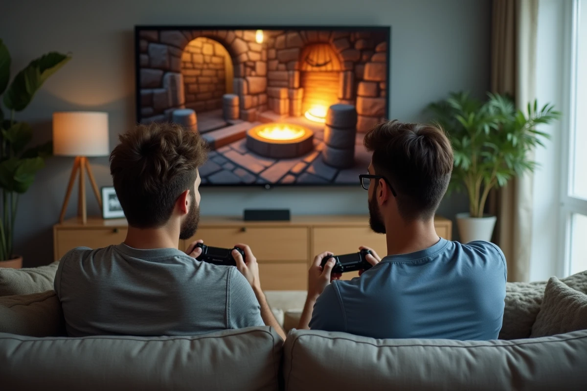 Deux joueurs discutant du choix des meilleurs métiers sur Dofus Retro devant leur télévision