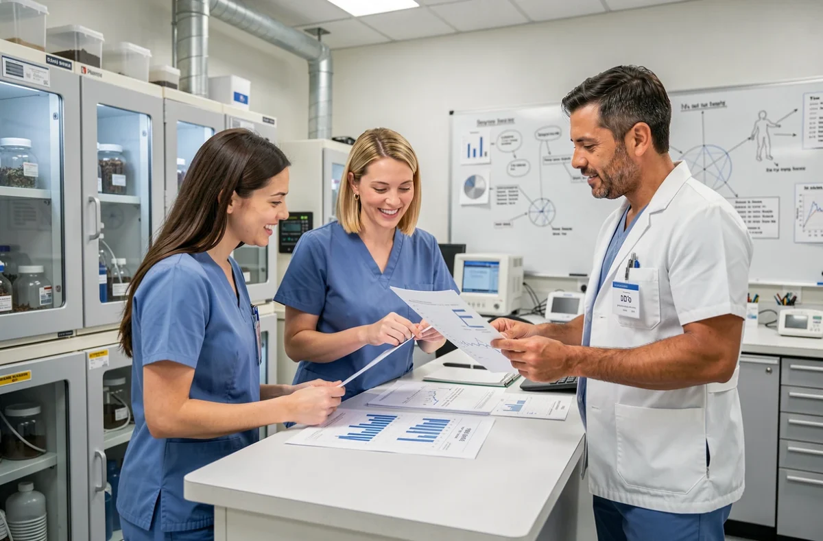 Équipe de professionnels de santé collaborant dans un laboratoire de recherche médicale moderne, actualité santé et innovations 2024