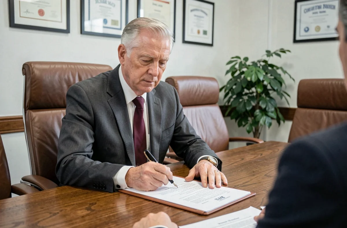 Expert-comptable senior en costume signant des documents officiels dans une salle de conférence professionnelle