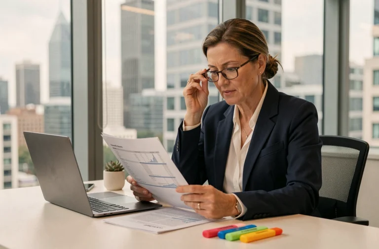Experte-comptable en blazer marine analysant des rapports financiers dans un bureau moderne avec vue sur la ville