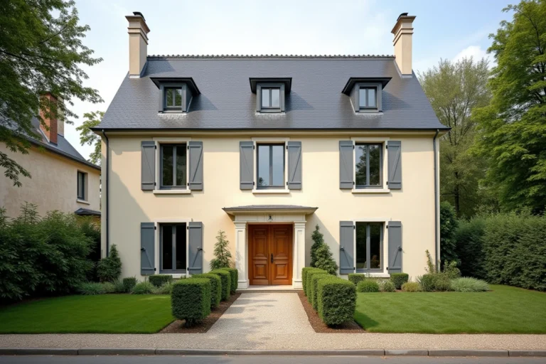 Façade d'une maison de type 5 avec cinq fenêtres, jardin soigné et architecture pavillonnaire classique en banlieue française