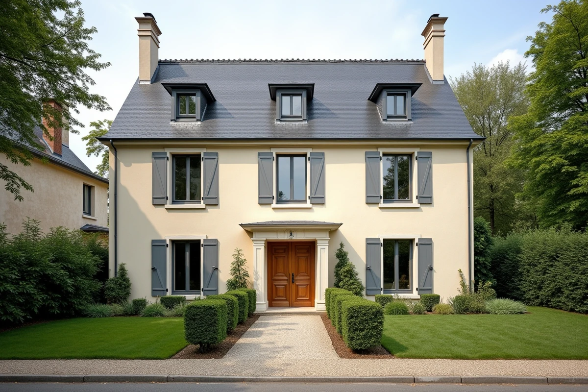 Façade d'une maison de type 5 avec cinq fenêtres, jardin soigné et architecture pavillonnaire classique en banlieue française