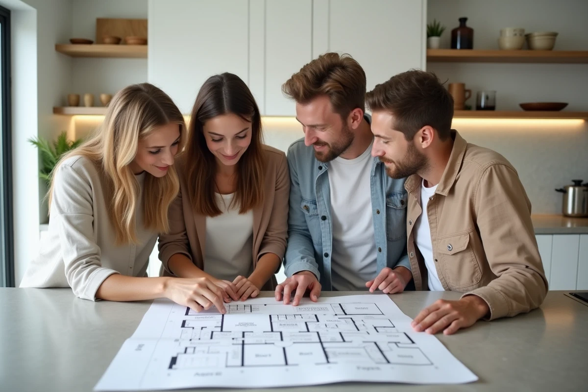 Famille consultant le plan d'une maison type 5 sur un îlot de cuisine moderne, discussion autour des caractéristiques et des chambres