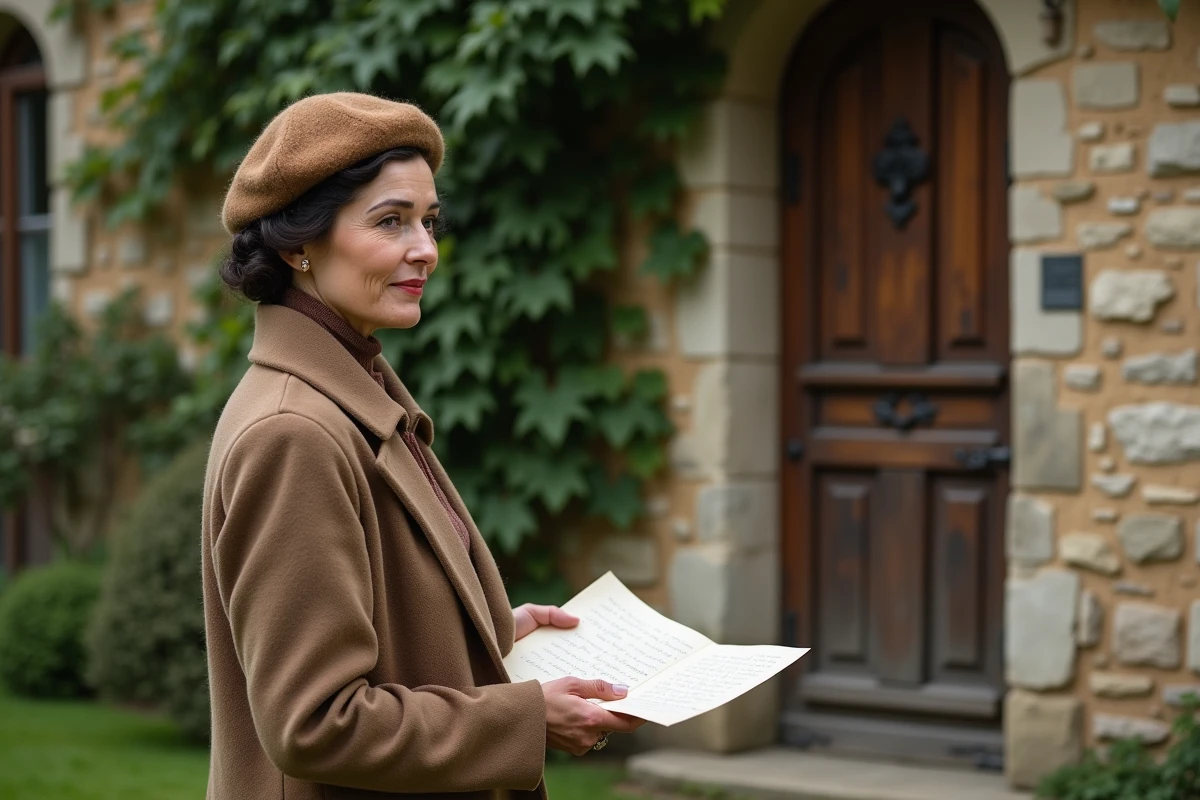Femme en style 1940s devant un manoir ancien