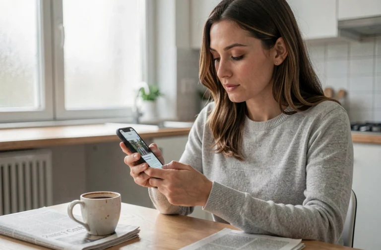 Femme consultant l'actualité sur son smartphone le matin dans une cuisine moderne