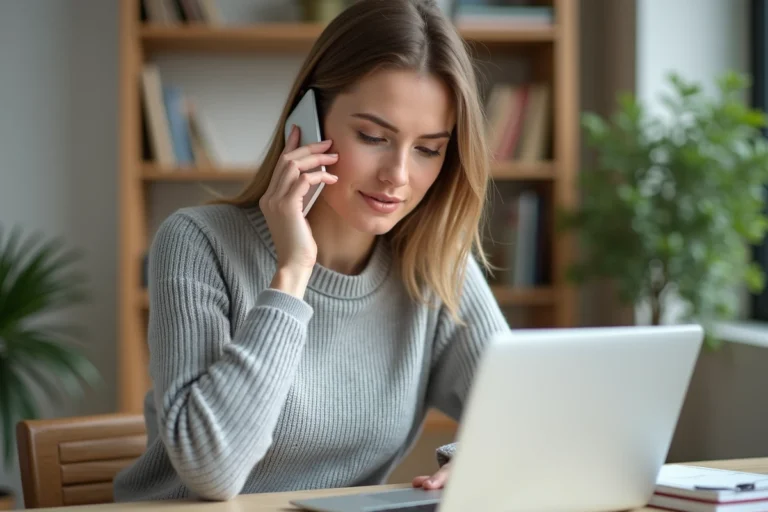 Femme appelant le service client Bouygues Telecom au 1064 depuis son domicile