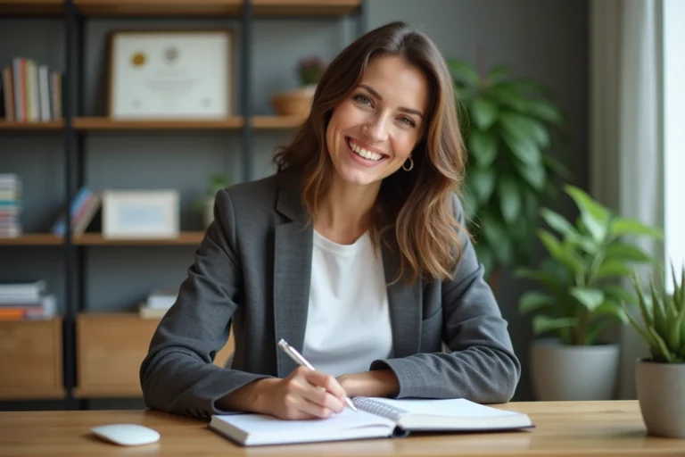 Femme confiante en bureau moderne pour article sur confiance