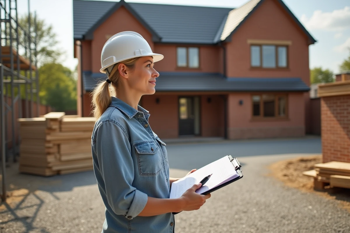 Femme en extérieur observant une maison en construction