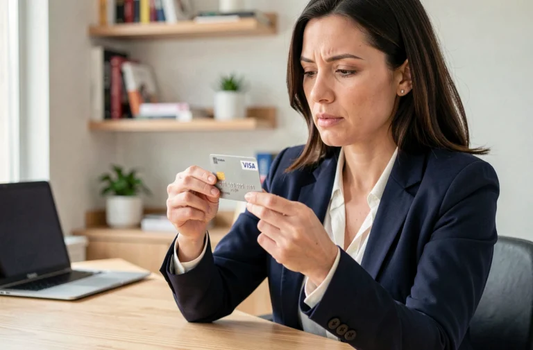 Femme tenant une carte bancaire Crédit Agricole et comparant ses options depuis son bureau à domicile