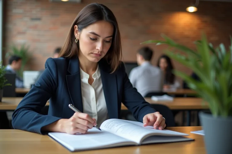 Femme professionnelle en train d'évaluer des formations professionnelles dans un espace de coworking moderne