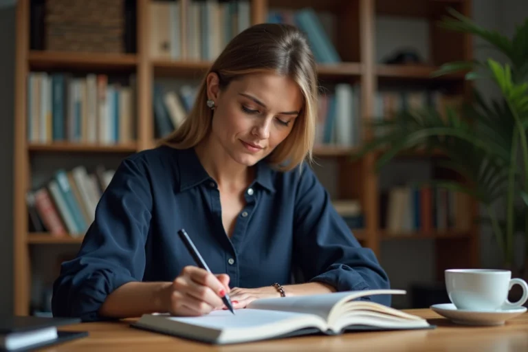 Femme concentrée écrivant dans un cahier ouvert sur un bureau en bois, entourée de livres de grammaire française, illustrant la correction orthographique en français