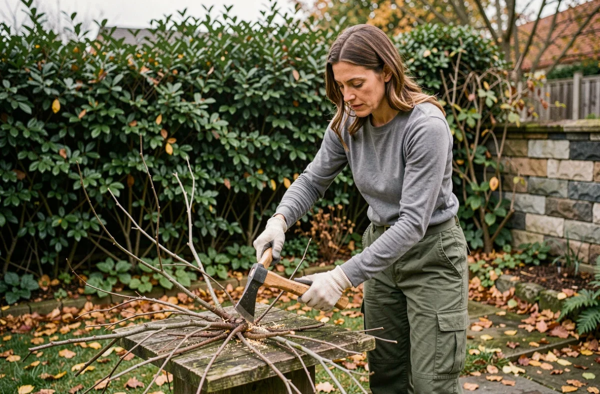Femme utilisant une hachette pour couper des branches dans un jardin en automne