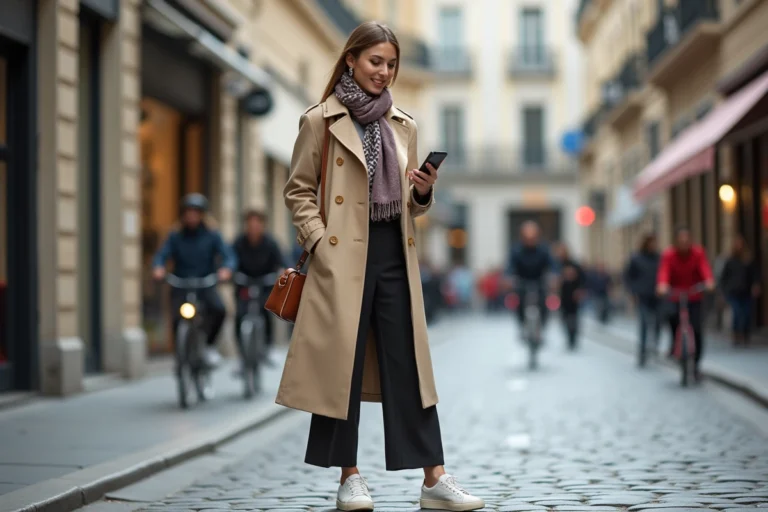 Femme élégante dans une rue urbaine en printemps