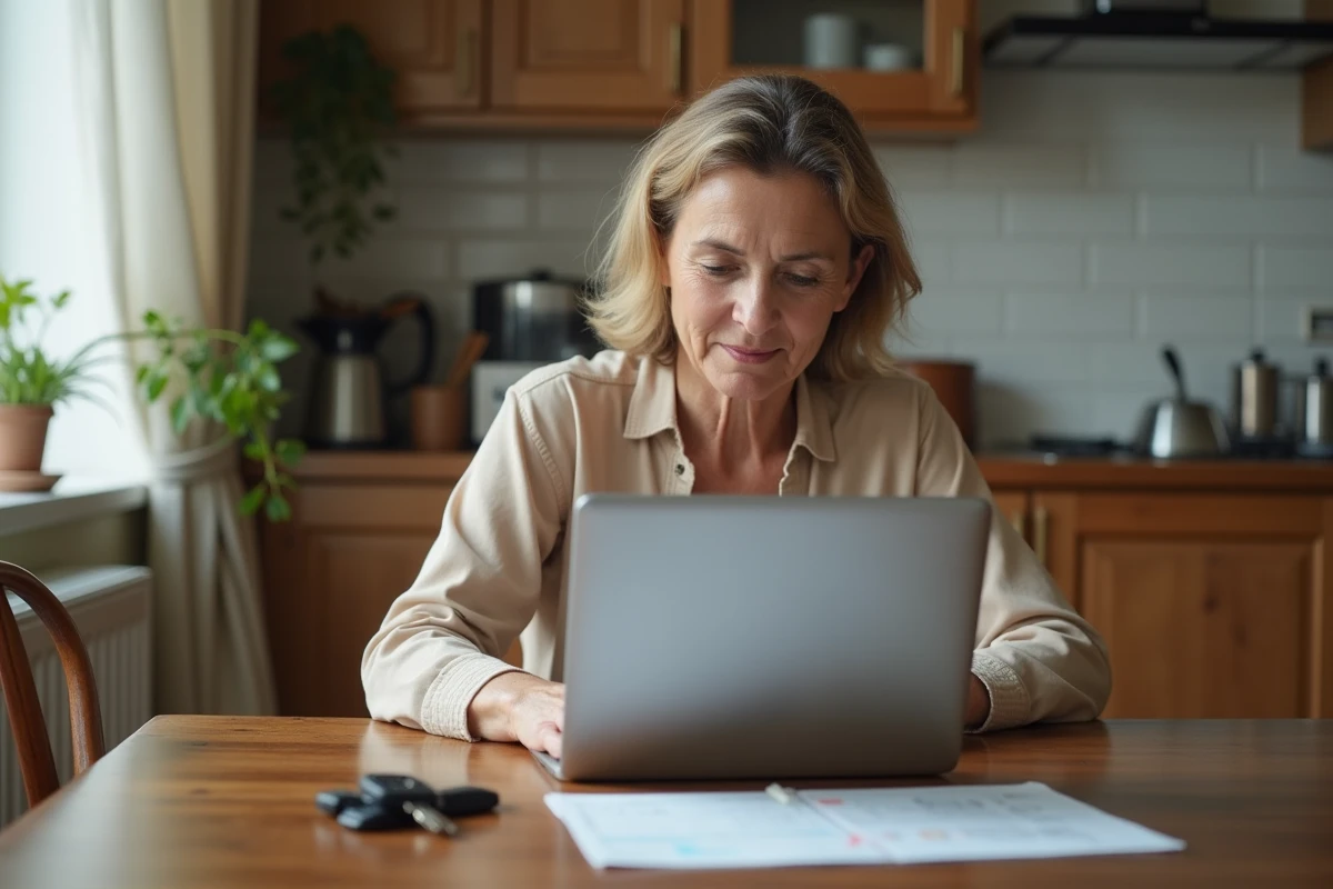 Femme concentrée sur son ordinateur avec clés de voiture