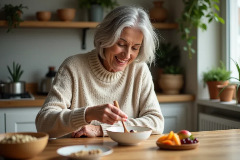 Femme souriante préparant la creme Budwig dans la cuisine