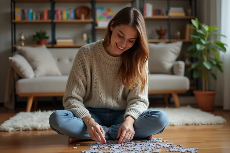 Femme souriante assemble un puzzle dans un salon cosy