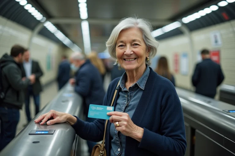 Femme senior souriante tenant sa carte de transport gratuite à l'entrée d'une station de métro parisienne