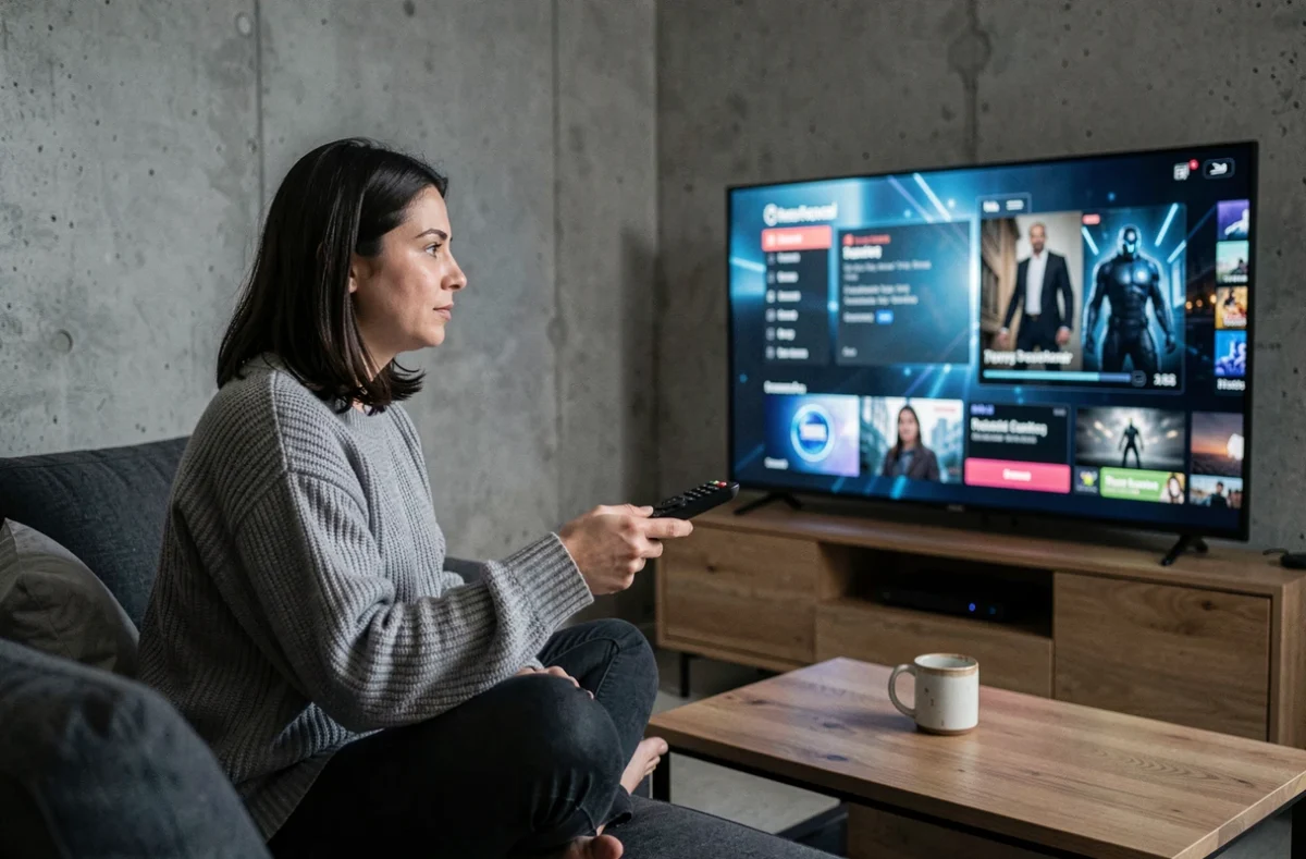 Femme regardant une série TV sur un écran OLED avec interface de streaming futuriste dans un salon moderne