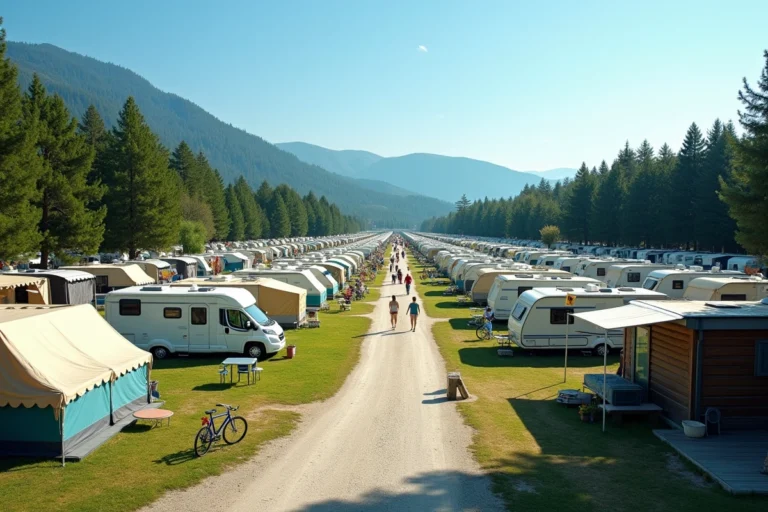 Vue aérienne d'un grand camping européen avec rangées de caravanes et de tentes sous une forêt de pins