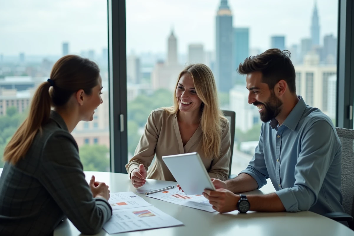 Groupe de professionnels collaborant sur le choix d'une formation professionnelle dans une salle de réunion moderne