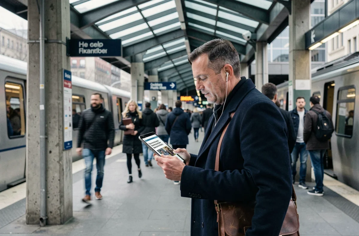 Homme lisant les actualités sur une tablette sur le quai d'une gare urbaine