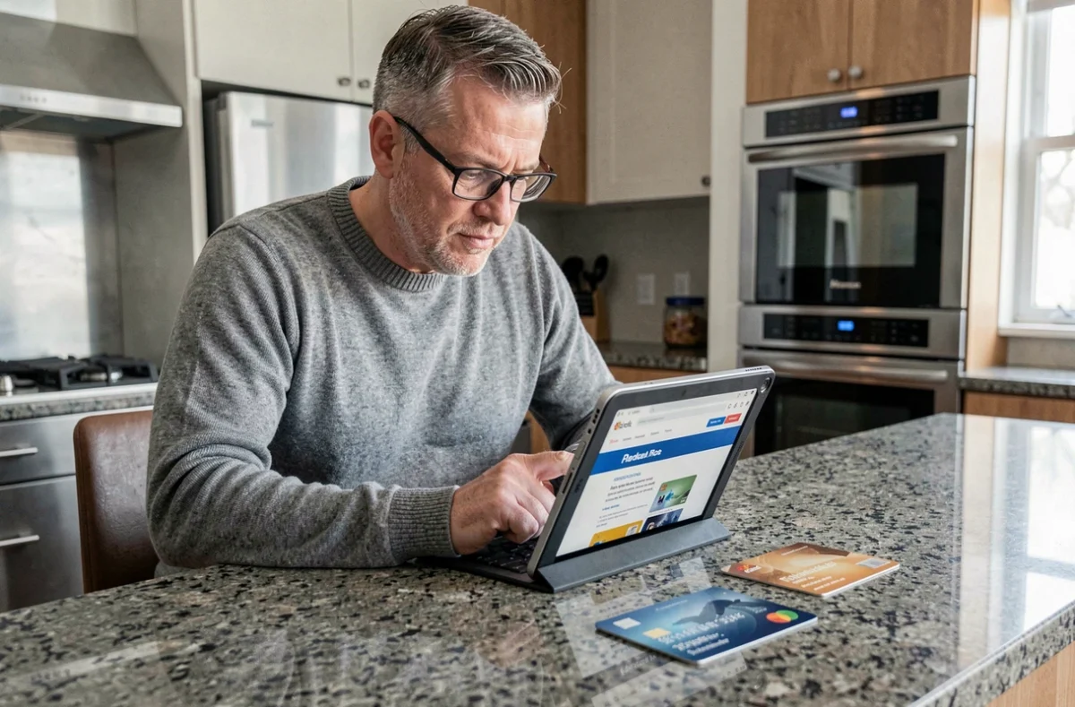 Homme comparant des cartes bancaires Crédit Agricole sur une tablette dans une cuisine moderne