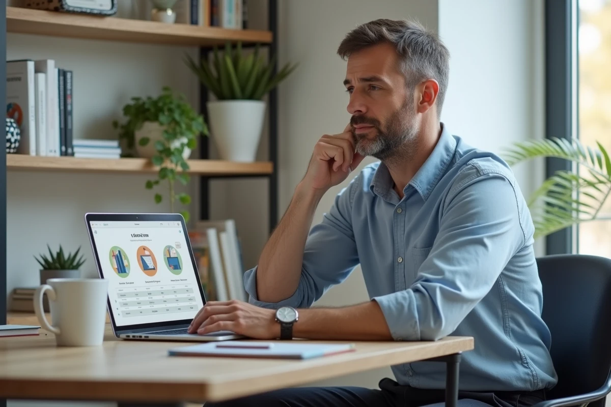 Homme comparant des formations en ligne sur un ordinateur portable dans un bureau à domicile