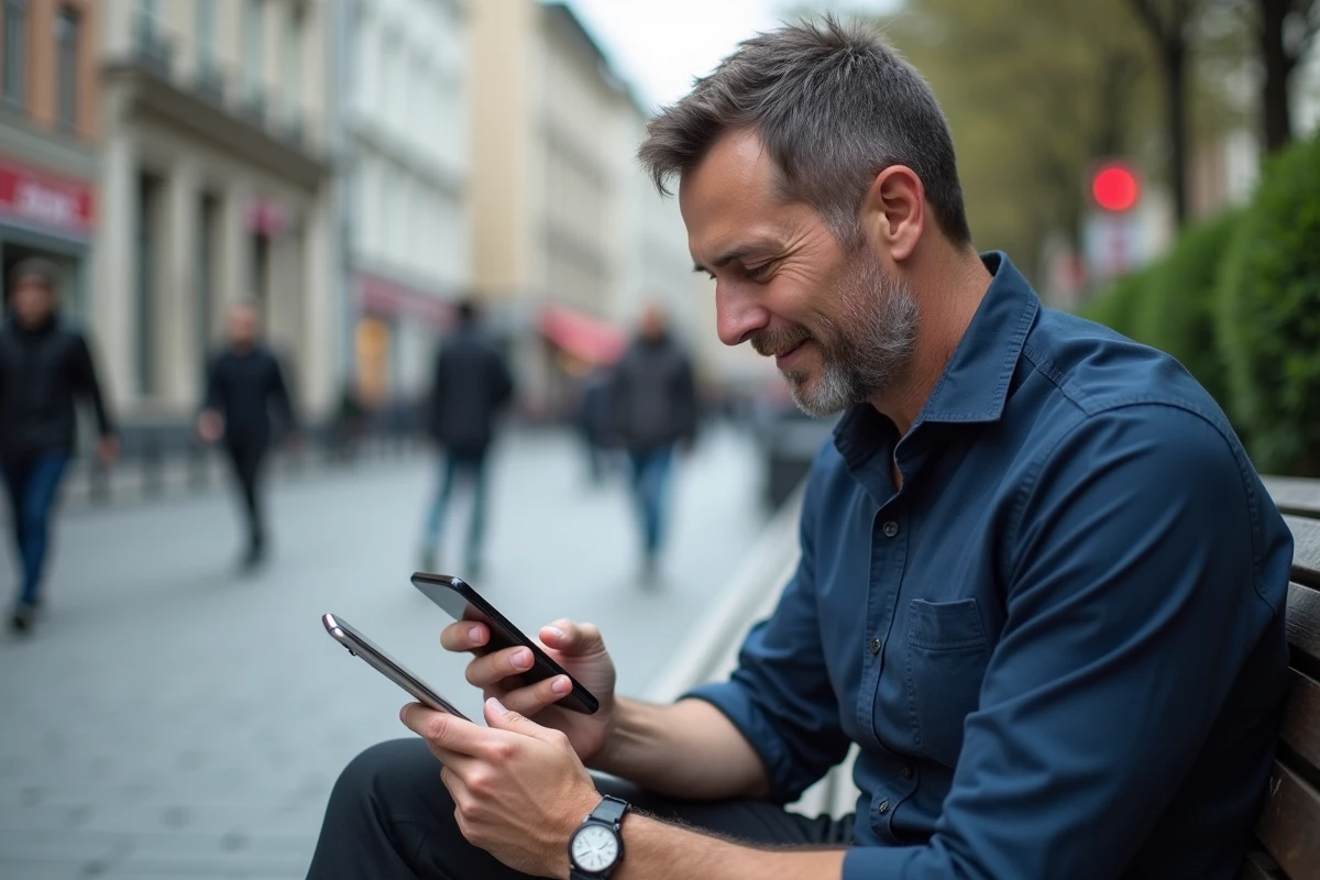 Homme contactant le support Bouygues Telecom en ligne depuis un espace public urbain