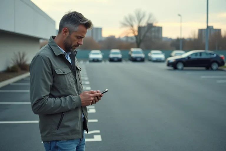 Homme inquiet dans un parking en regardant son téléphone