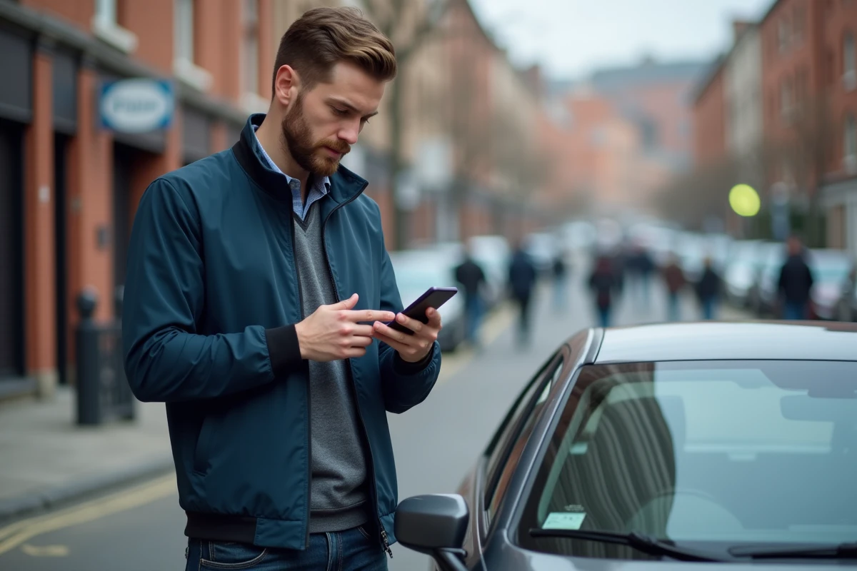 Homme finalisant un paiement BlaBlaCar sur son téléphone à côté d'une voiture en ville