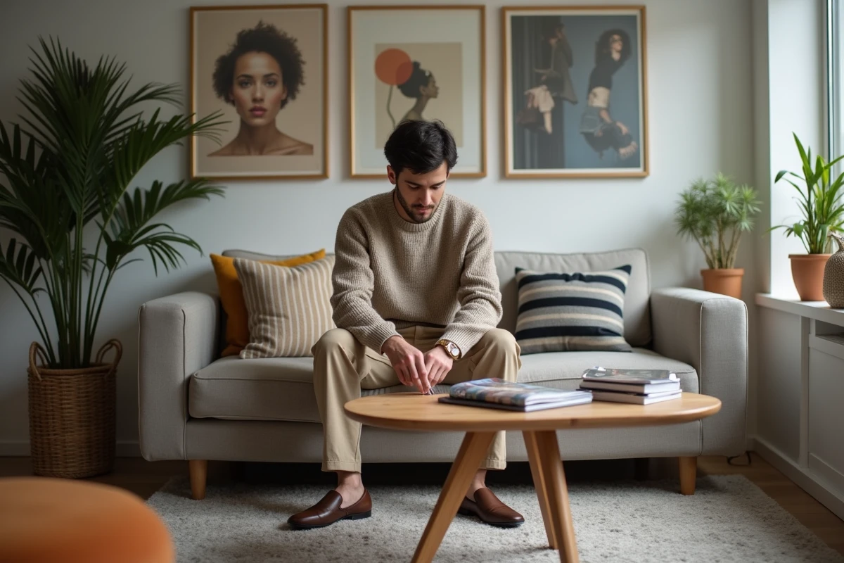 Homme détendu dans un salon moderne avec magazines